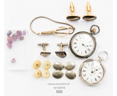 Two silver small pocket/fob watches; together with four pairs of base metal cufflinks, a tie slide and a box of small ruby ro