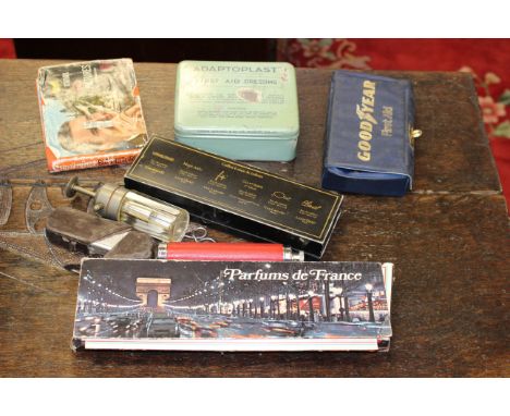 Two boxes of authentic perfume miniatures (16 bottles), a 1930/40s atomiser, a cylindrical leather cased 'hip' flask and two 