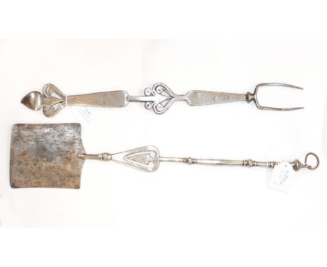 An Arts and Crafts polished steel toasting fork and similar flattened blade shovel (2) 