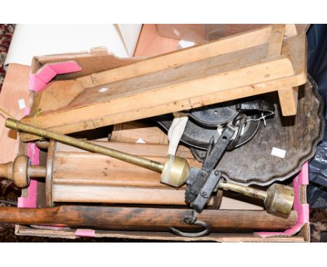 A box of vintage wooden tools, including rolling pins, baker's boards, etc