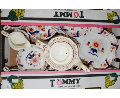 A mid 19th Century Gaudy Welsh teaset for twelve, including teapot and bread and butter plates (one box) 