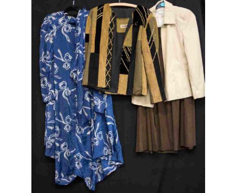 A suedette donkey brown skirt with kick pleats, long length by Basler, together with a suede beige jacket by Ghetto, zip fron