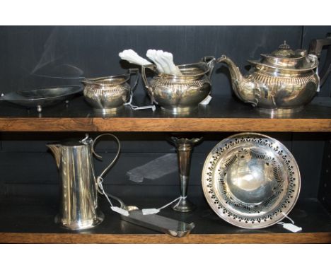 A box of plate including an Arts and Crafts style hot water jug, an Edwardian three piece tea service, crumb tray, tazza, etc