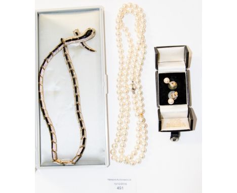 A pair of cultured drop pearl and CZ earrings set in plated metal together with a long string of pearls (2) and a paste and e