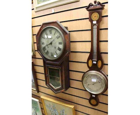 A 20th Century veneered drop dial wall clock; together with a George III style mahogany barometer, inlaid with harewood and s