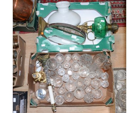 Two boxes of glassware and lamps, including a claret jug, vases and a brass based column table lamp with green glass reservoi