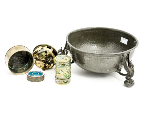 An Arts and Craft pewter bowl, with a Stanley pocket sextant, cloisonne pot etc (4)