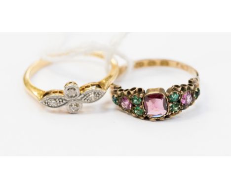 An 18 carat gold and diamond flower ring together with a Victorian green garnet and amethyst 12ct gold ring, ring sizes L and