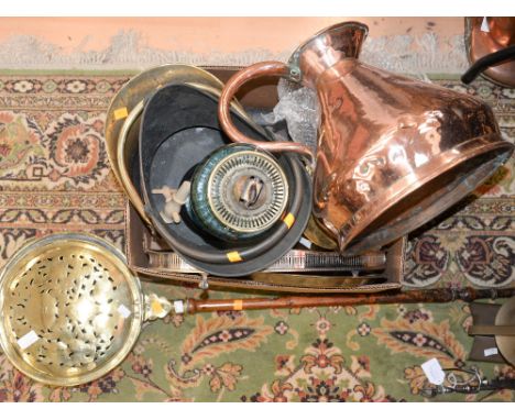 A copper haystack measure, with a twin burner brass oil lamp and a box of metalware, including EPNS galleried tray tea wares,