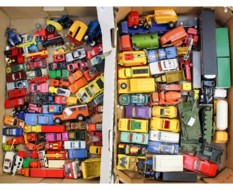 Two boxes of careworn cars and vehicles, including Dinky, Matchbox, Corgi, etc. (two boxes)