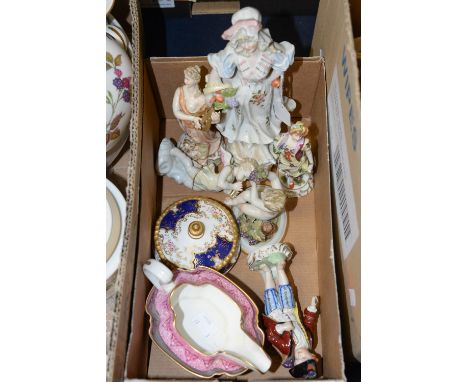 A box of Continental porcelain figurines, a Spode cream jug and sugar bowl, a Coalport jar and cover 