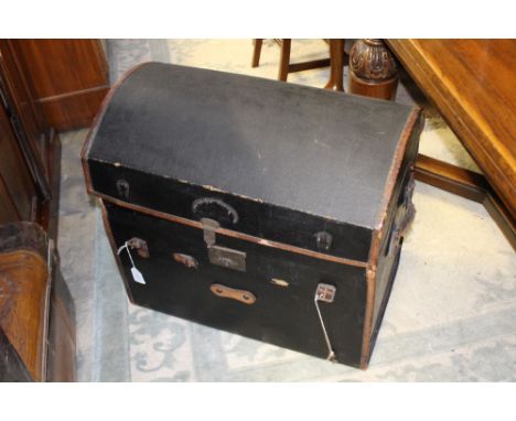 A travelling trunk with inner pull out shelf, retailed by Pages, 11 Wardwick Derby, circa late 19th Century wicker and wooden