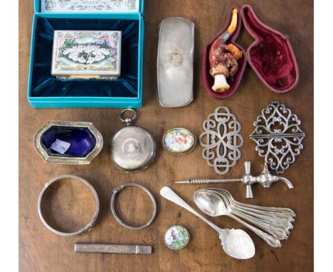 silver including spectacles case, nurses buckle, preserve spoon, bangle, salt cellar, etc. 6.45ozt, together with plated teas