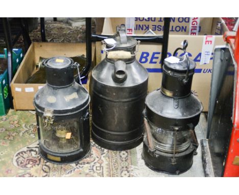 Railway water can by Morgans, Telford Grier McKay & Co Railway lantern and a RC Murray roadway lantern.