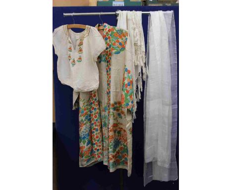 A 1930s Kimono style dressing gown with vibrant colours in jade green orange and blue on a cream silk background, together wi