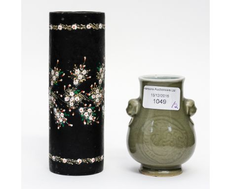 A Japanese lacquer spill vase brush pot, matte outer surface with enamel floral detail; together with a Chinese celadon squat