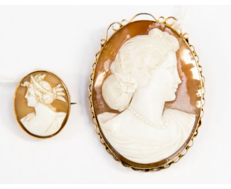 Two cameo and 9ct gold brooches, one with a classical figure, the other with a Victorian portrait bust, gross weight approxim