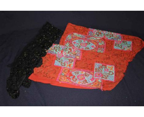 A late Edwardian/1920s claret and turquoise beaded sleeves - Cathedral style and two (patterned) together with an Edwardian l