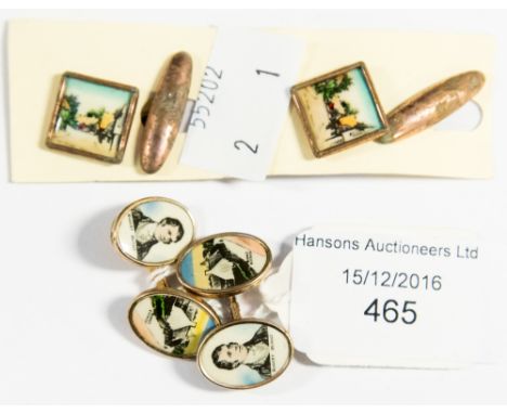 A pair of Robert Burns and Burns Cottage cufflinks, transfer portrait and view of the house set in 9ct gold plate, together w