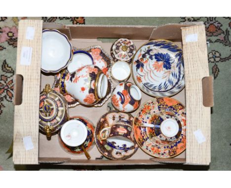 A box of Royal Crown Derby Imari pattern ceramics, including cups and saucers, vases and covers, a twin handled pedestal cup,