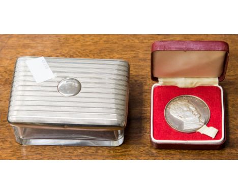 A cased John F Kennedy white metal coin, with a white  metal topped glass trinket pot (2) 