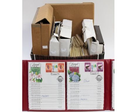 A box of mainly royalty related stamps, first day covers and coin covers, in three albums, loose and in packs and new unused 