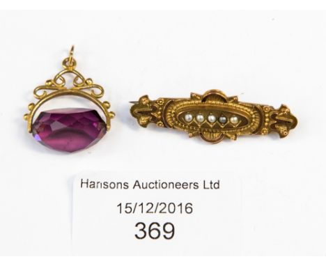 A Victorian 9ct gold Etruscan style seed pearl set brooch, gross weight approximately 2.2 grams; together with an amethyst 9c