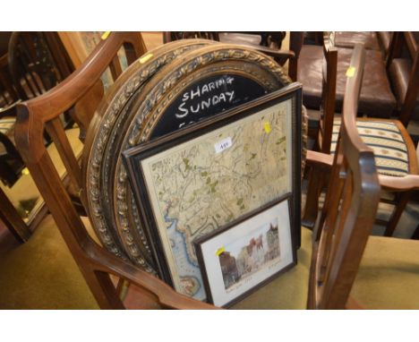 Two gilt framed oval chalk boards; together with a framed map; and a coloured print depicting Sadler Gate 1913