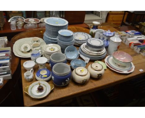 A quantity of Wedgwood "Queensware" dinner plates and saucers etc.; two Wedgwood jasperware pots decorated with classical fig