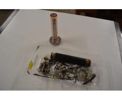 A box containing a small telescope; various white metal items; sporting badges etc. 