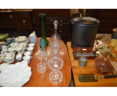 A tall green glass vase; a glass decanter and stopper and other cut glassware etc.