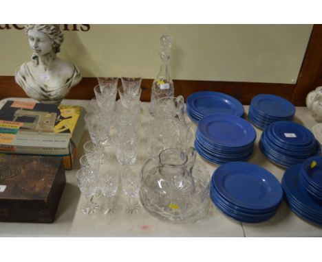 Nine Edinburgh cut glass wine glasses; various sherry glasses; a glass decanter and stopper; jug; bowls etc. 