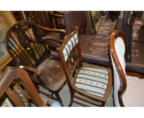 An elm seated stick and wheelback elbow chair AF; together with an Edwardian mahogany and inlaid chair 