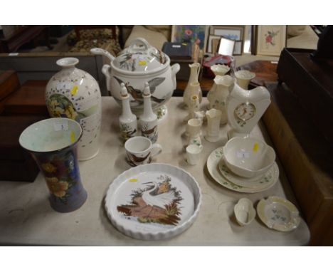 A Portmeirion "Birds of Britain" soup tureen and ladle, two bottles, a cup and flan dish