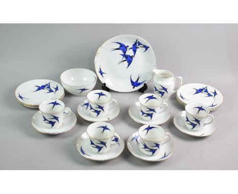 A Mid Century Czechoslovakian Swallow Decorated Tea Set to Comprise Six Cups, Six Saucers, Six Side Plates, Cake Plate, Milk 