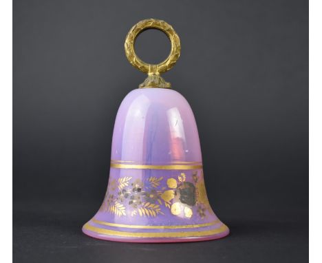 A 19th Century Opalescent Pink Glass Bell with Gilt Metal Laurel Ring Handle and Glass, Replacement Clapper, 11cms HIgh