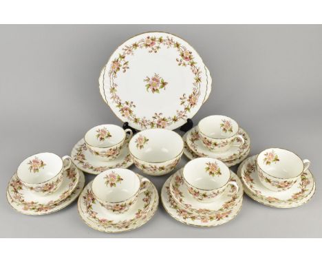 An Adderley Floral Decorated Tea Set to Comprise Six Cups, Five Saucers, Six Side Plates, Cake Plate and Sugar Bowl (Various 