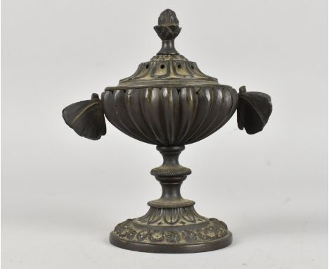 A Bronze Regency Style Pastille Burner, Body of Lobed Form having Butterfly Handles and Bud Finial Supported on Pedestal Base