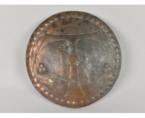 An Early 20th Century Arts and Crafts Copper Finial Mount of Circular Form with Hand Beaten Design and Monogrammed TR, 29cms 