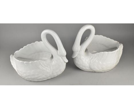 A Pair of White Glazed Ceramic Swan Planters, 28c, high