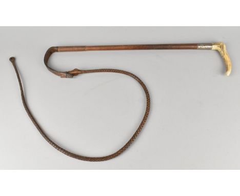 A George V Swaine and Adeney Hunting Crop with Horn Handle, Silver Collar, Brown Leather Shaft and Thong
