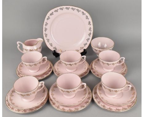 A Colclough Pink and Gilt Decorated Tea Set for Six to Comprise Cups, Saucers, Side Plates, Cake Plate, Milk Jug and a Sugar 
