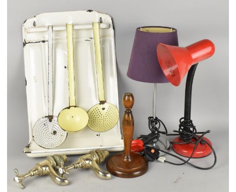 A Collection of Various Vintage and Later Items to Comprise Enamel Wall Hanging Rack Housing Two Strainers and a Ladle, Lamps