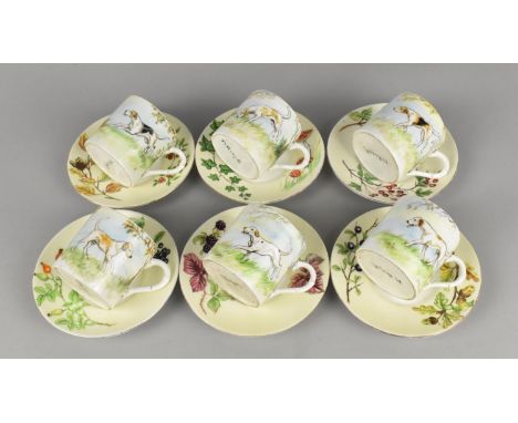A Set of Six Coffee Cans and Saucers Hand Painted with Hounds and Hedge Row Foliage and Berries, Signed M Hodgett to Bases of