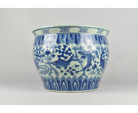 A Large Late 20th Century Chinese Blue and White Fishbowl Planter Decorated with Fish Amongst Reeds and Greek Key Trim, 23cm 