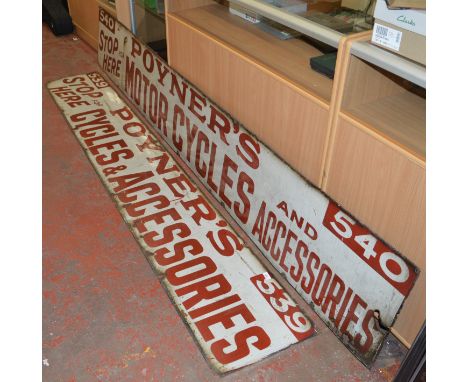 2 large enamel signs. "POYNER'S CYCLES" & "POYNER'S MOTORCYCLES". Length of longest approx 295cm