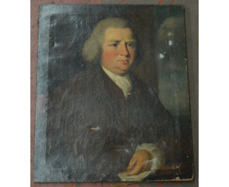 An 18th century oil on canvas portrait. Unsigned. 63cm x 75cm. Some damage.