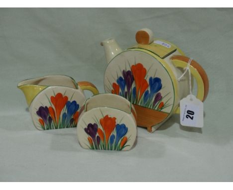 A Clarice Cliff Crocus Pattern Three Piece Tea Service