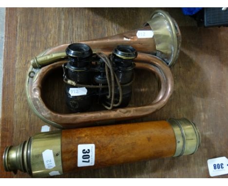 A Brass And Mahogany Telescope Together With A Copper Bugle And Binoculars