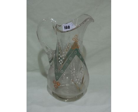 A Victorian Glass Water Jug With Enamel Floral Decoration